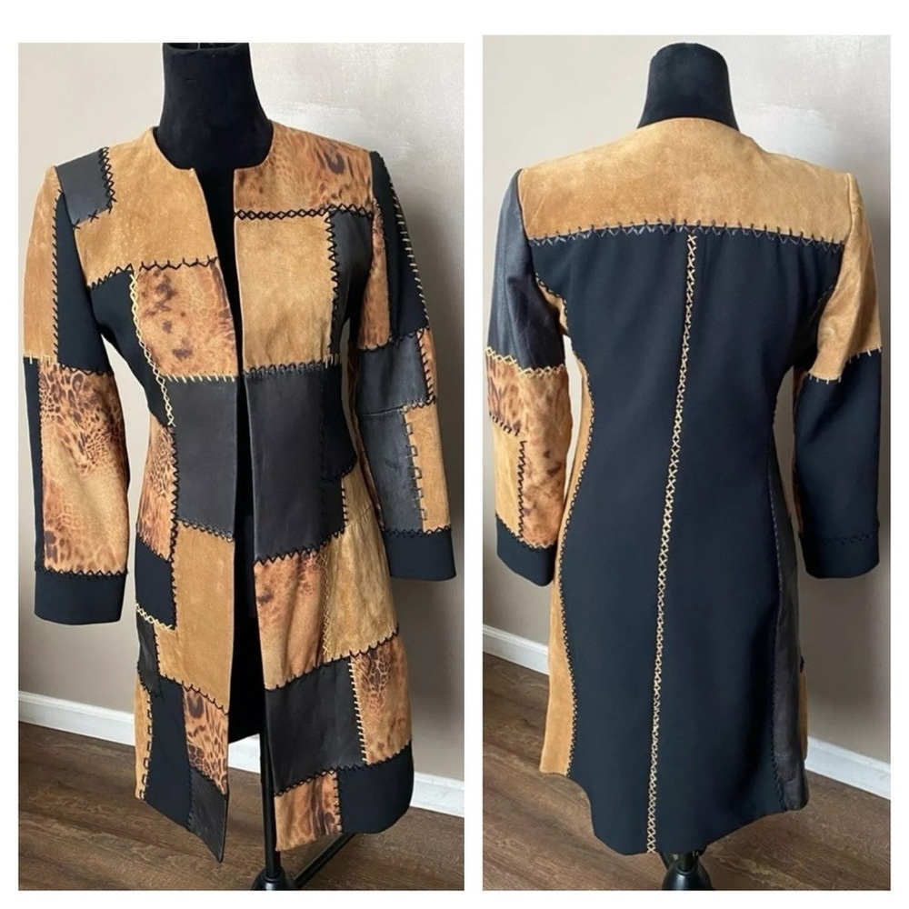 Suede Leather Patchwork Duster Jacket Coat - Picture 3 of 16
